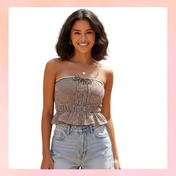 Sienna Sky Tops - Sienna Sky Brown & White Gingham Smocked Tube Top Ruffle Lace Trim